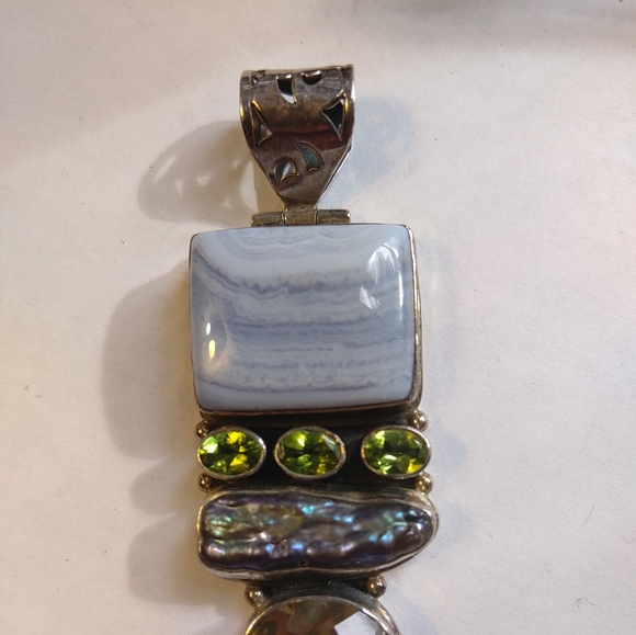 LARGE 925 SILVER MULTI GEM PENDANT, AGATE ABOLENE SHELL, PERIDOT GARNET, HINGED - Picture 7 of 10